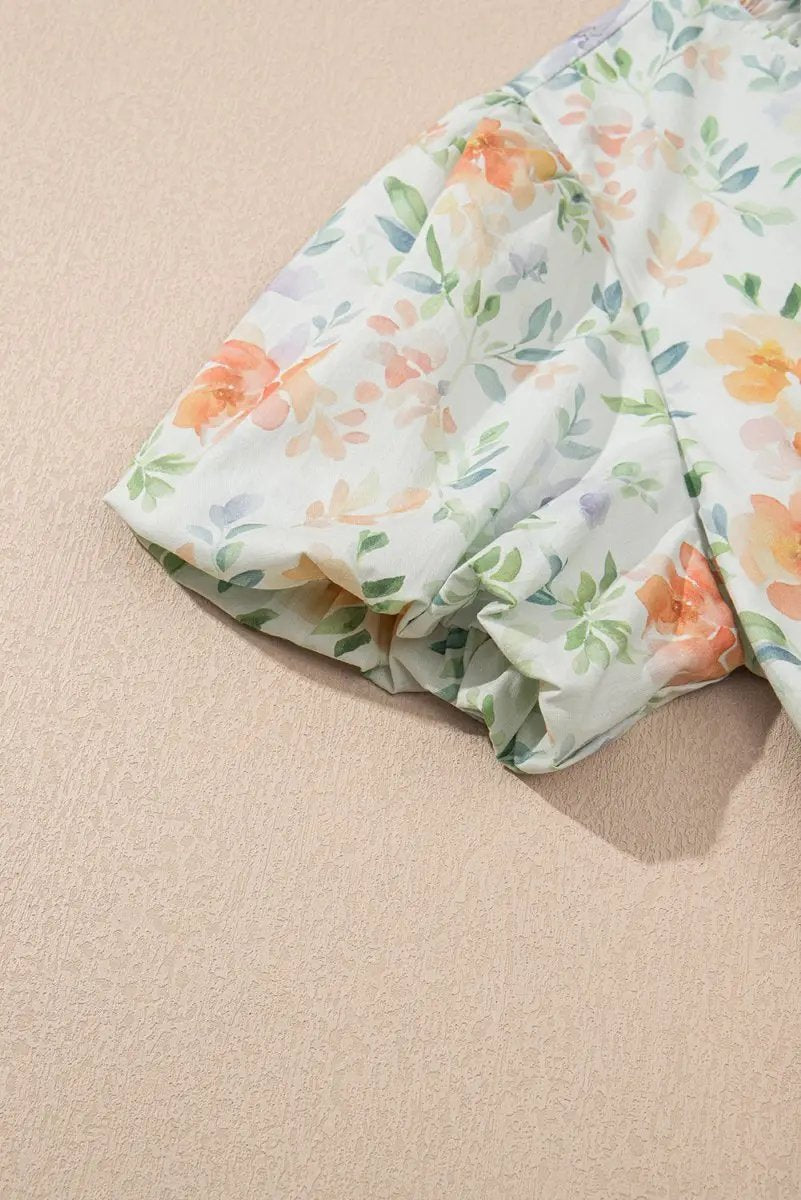 Beige Floral Print Shirred High Waist Puff Sleeve Mini Dress - Love Salve